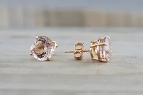 8mm Round Morganite on 14k Solid Rose Gold Earring Studs Post Push Back Square Post Stud