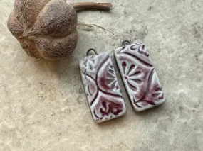 Burgundy Talavera Bead, Mexican Style Tile Beads, Earring Bead Pair, Porcelain Ceramic Charms, Jewelry Components, Beading Handm
